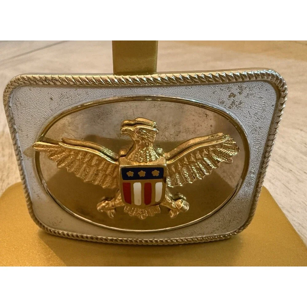 Vintage USA Eagle Belt Buckle Red White Blue Stars Shield Rope Edge Patriotic